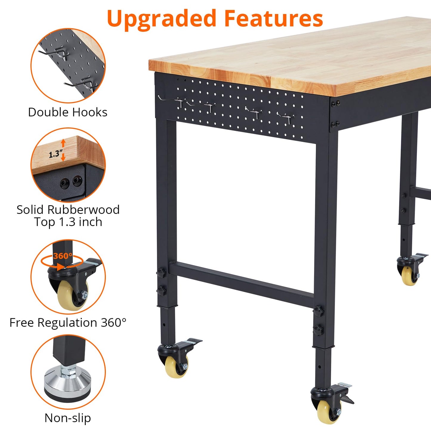 ACONEE Adjustable Workbench for Garage, 60" x 20" Heavy-Duty Rubber Wood Shop Table with Power Outlets & Wheels, 2000 LBS Load Capacity, Hardwood Workstation for Workshop, Garage, Office, Commercial