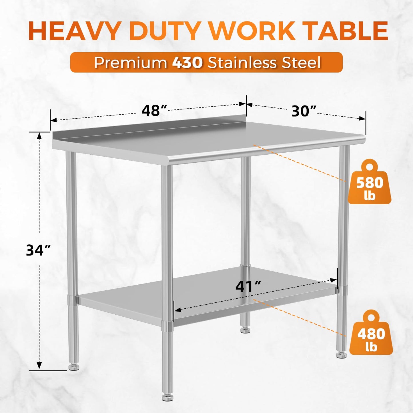 HOCCOT All Stainless Steel Work Table Heavy Duty Prep Table 30x48 Inch with Stainless Steel Undershelf Backsplash Replaceable Feet(Without Caster) Commercial Workstation for Restaurant Kitchen Outdoor