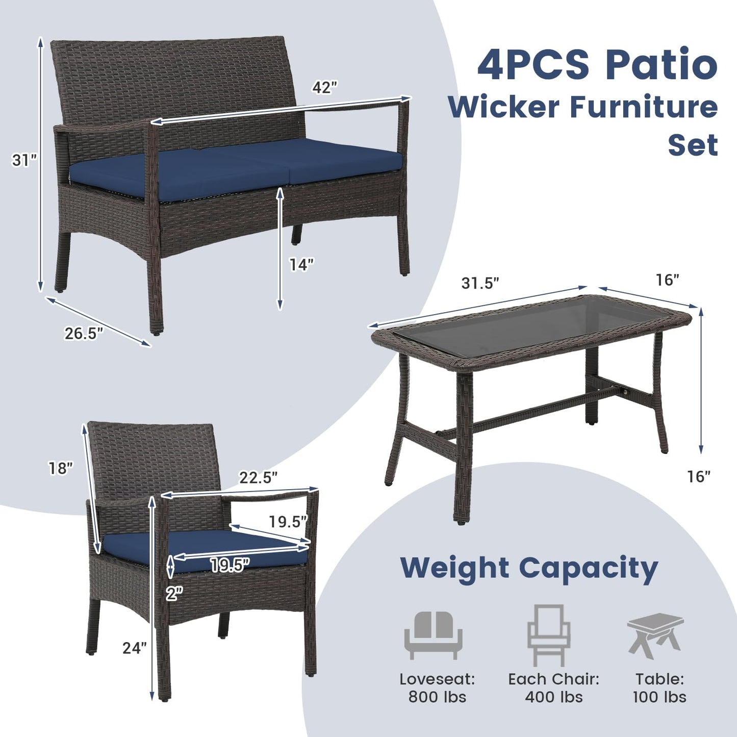 HAPPYGRILL 4-Piece Rattan Patio Conversation Set with Tempered Glass Coffee Table, Comfortable Wicker Loveseat & Chairs for Poolside, Courtyard, Balcony