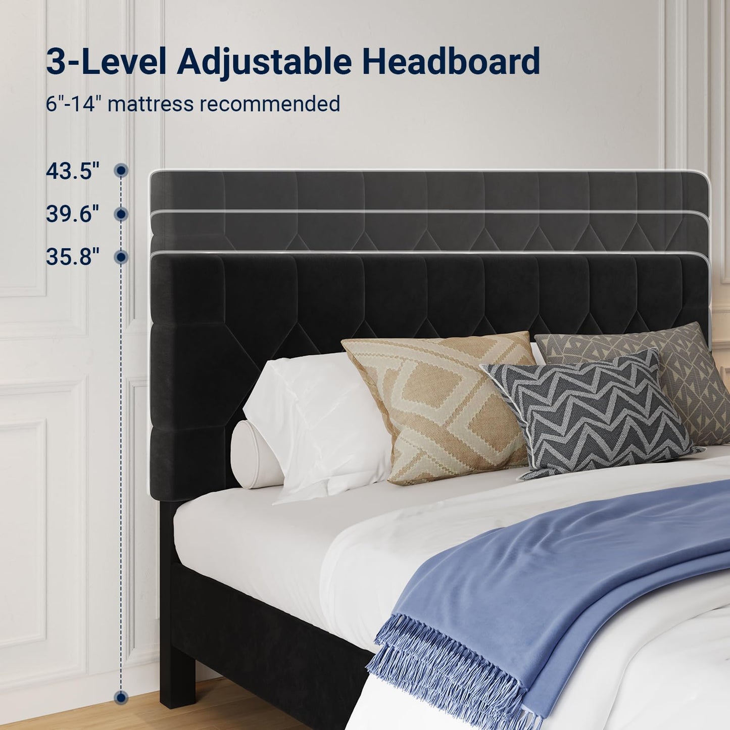 Avenco King Size Bed Frame, Upholstered Platform Bed Frame with 3-Height Adjustable Headboard, Easy Tool-Free Assembly & Under Bed Storage, Black Velvet
