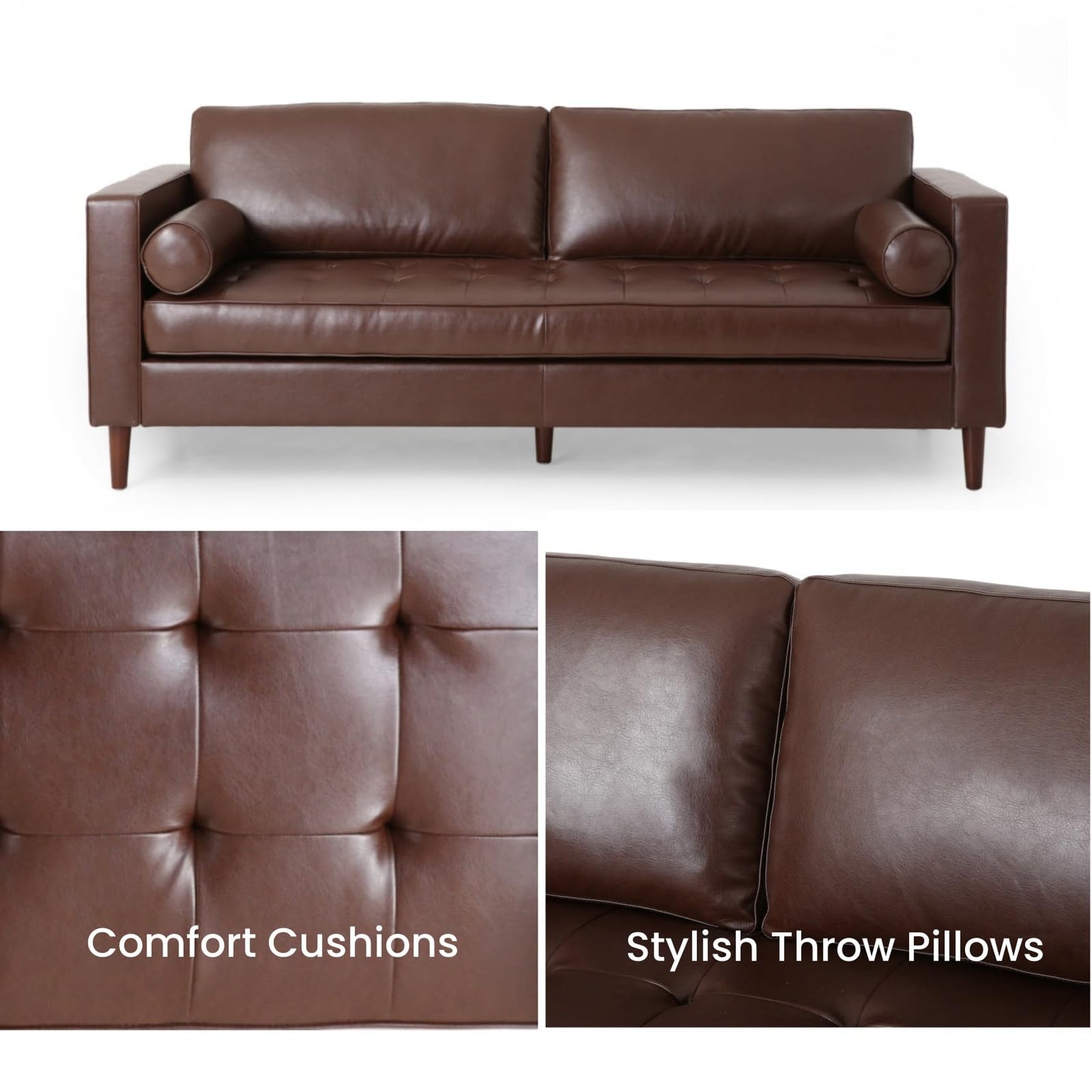 Merax Upholstered PU Sofa, Classic 3 Seater Leather Couch with Wooden Legs for Living Room Bedroom Office, Dark Brown