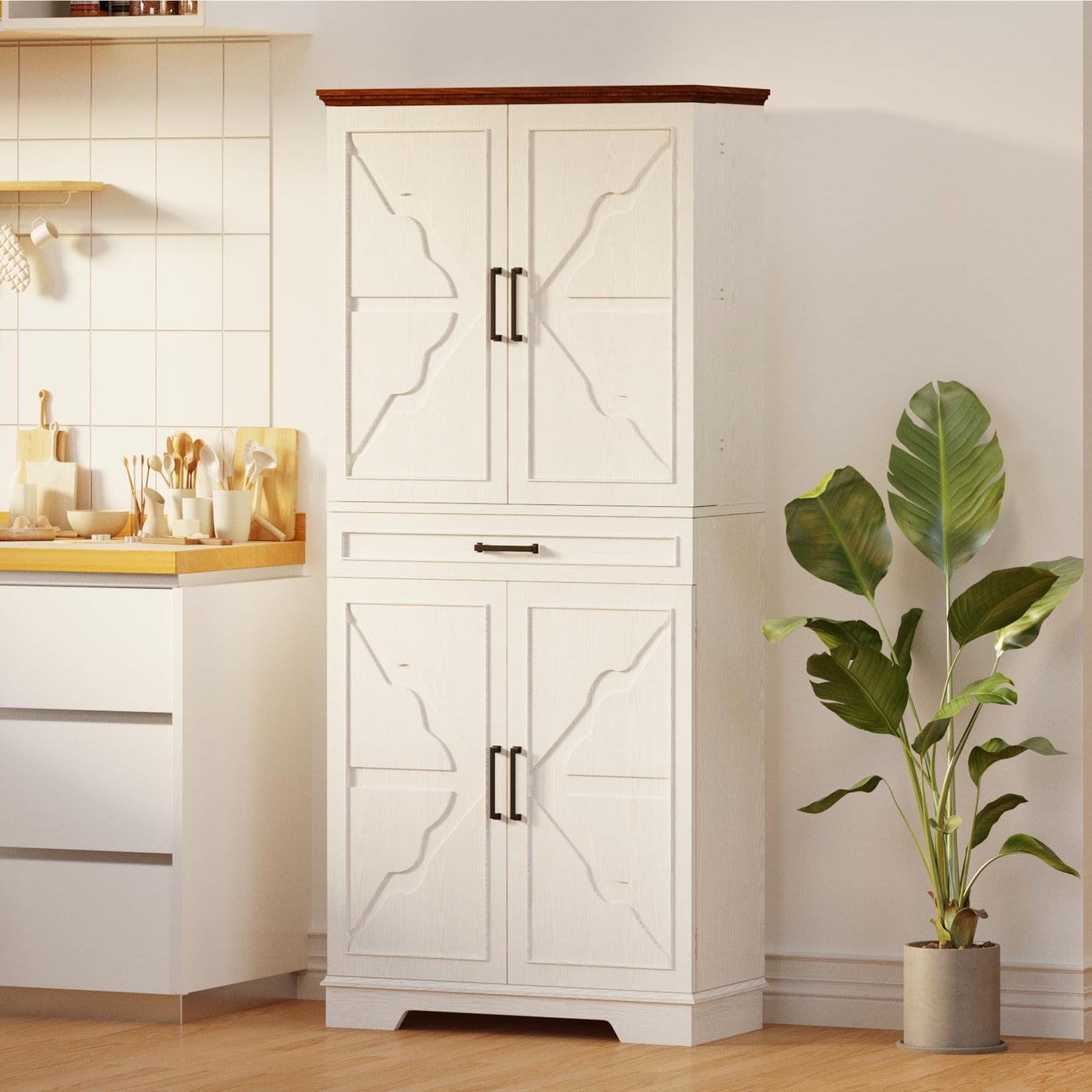 IRONCK Farmhouse Pantry Cabinet, 72" Tall Kitchen Storage Cabinet, Freestanding Cupboard with Sliding Rack & 6 Hanging Shelves,Kitchen Pantry Furniture for Dining Room, Easy Assembly, White