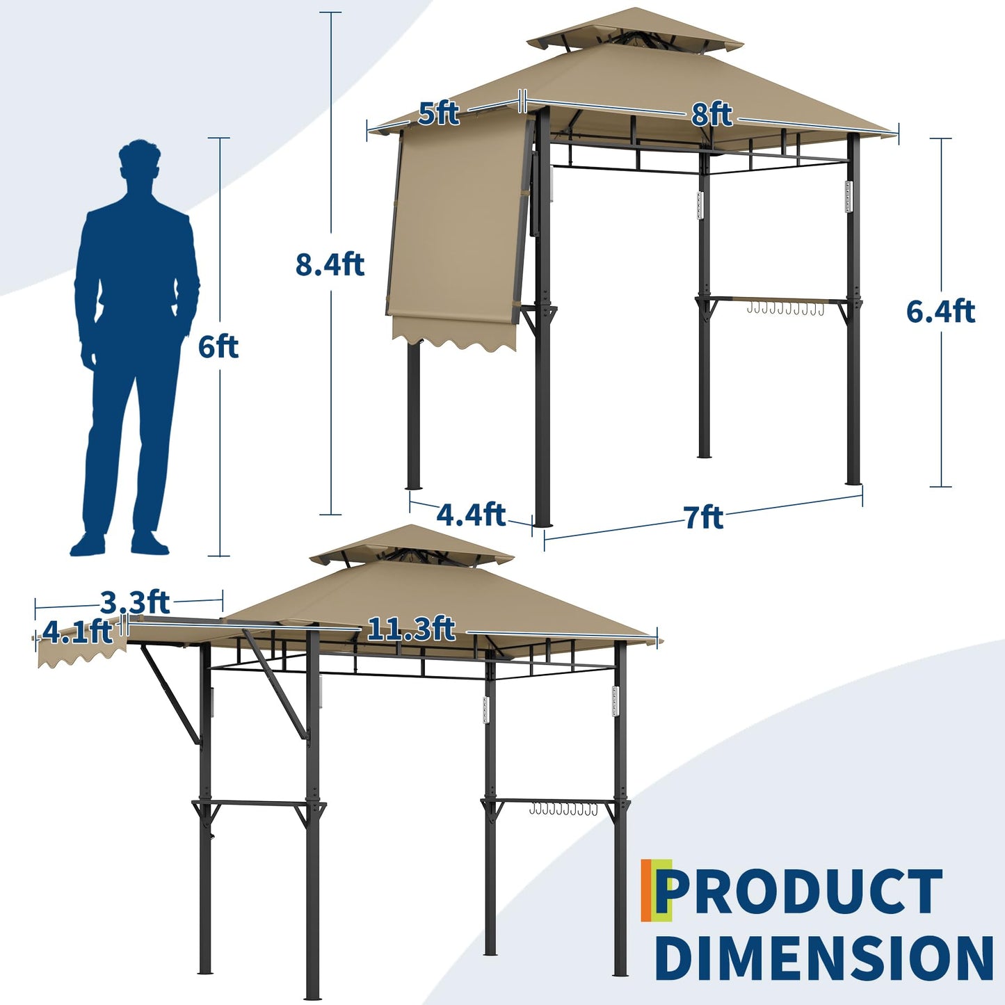 8x5 ft Grill Gazebo, Double Tired Outdoor Patio Canopy Tent with Side Awning Shelves,4 LED Lights,10 Hooks & Bottle Opener,Heavy Duty Steel Frame Grilling Canopy for Patio Backyard Garden Picnic,Khaki