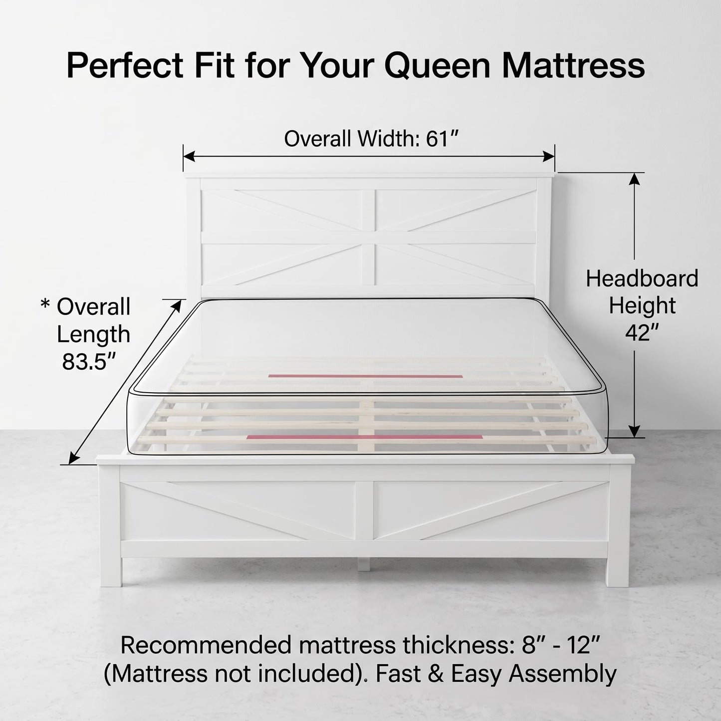 KEIKI Farmhouse Queen Size Platform Bed Frame with Headboard and Footboard, Pinewood Bed Platform with Slat Support, No Box Spring Needed Bedframe, Under-Bed Storage, Barn Door Designed