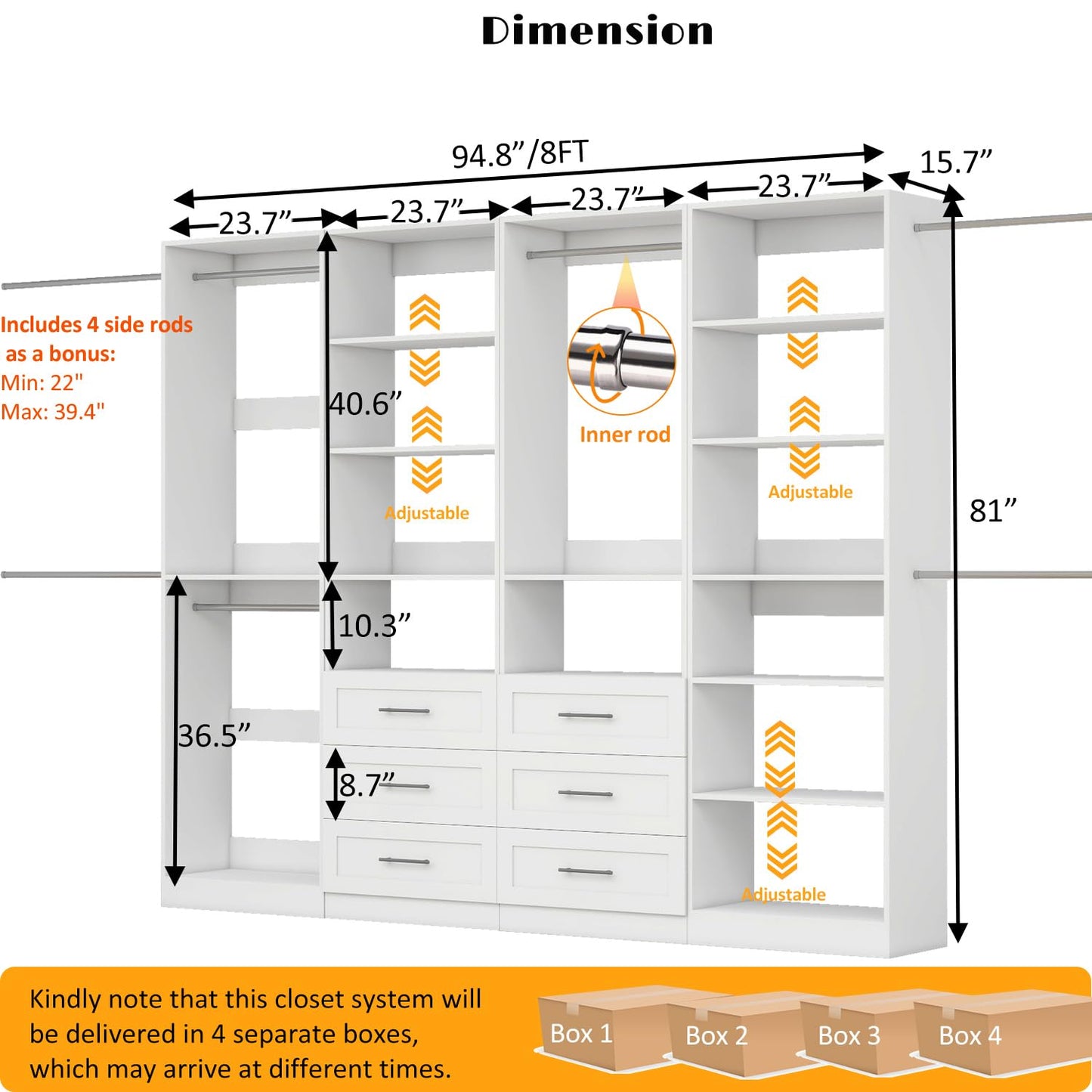 dooloric Closet System with 4 Sets, 8-21FT Closet Organizer Systems with 6 Drawers & 7 Hanging Rods & Adjustable Shelves, Walk in Closet Standalone Closet System Modular Closet System Set White