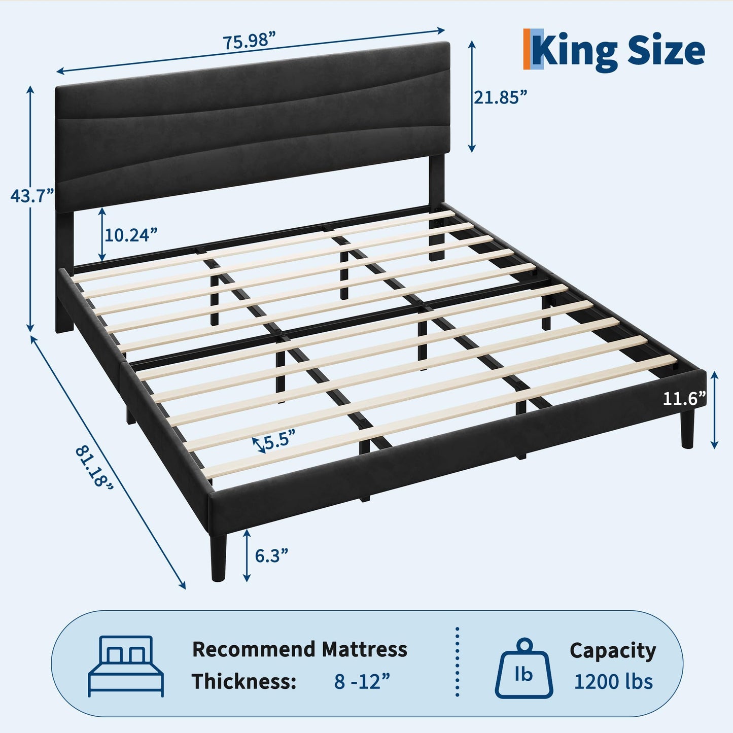 Garvee King Size Bed Frame with Headboard, Velvet Upholstered Platform Bed Frame No Box Spring Needed with Under-Bed Storage and Strong Wood Slats Support, Noise Free, Easy Assembly, Black