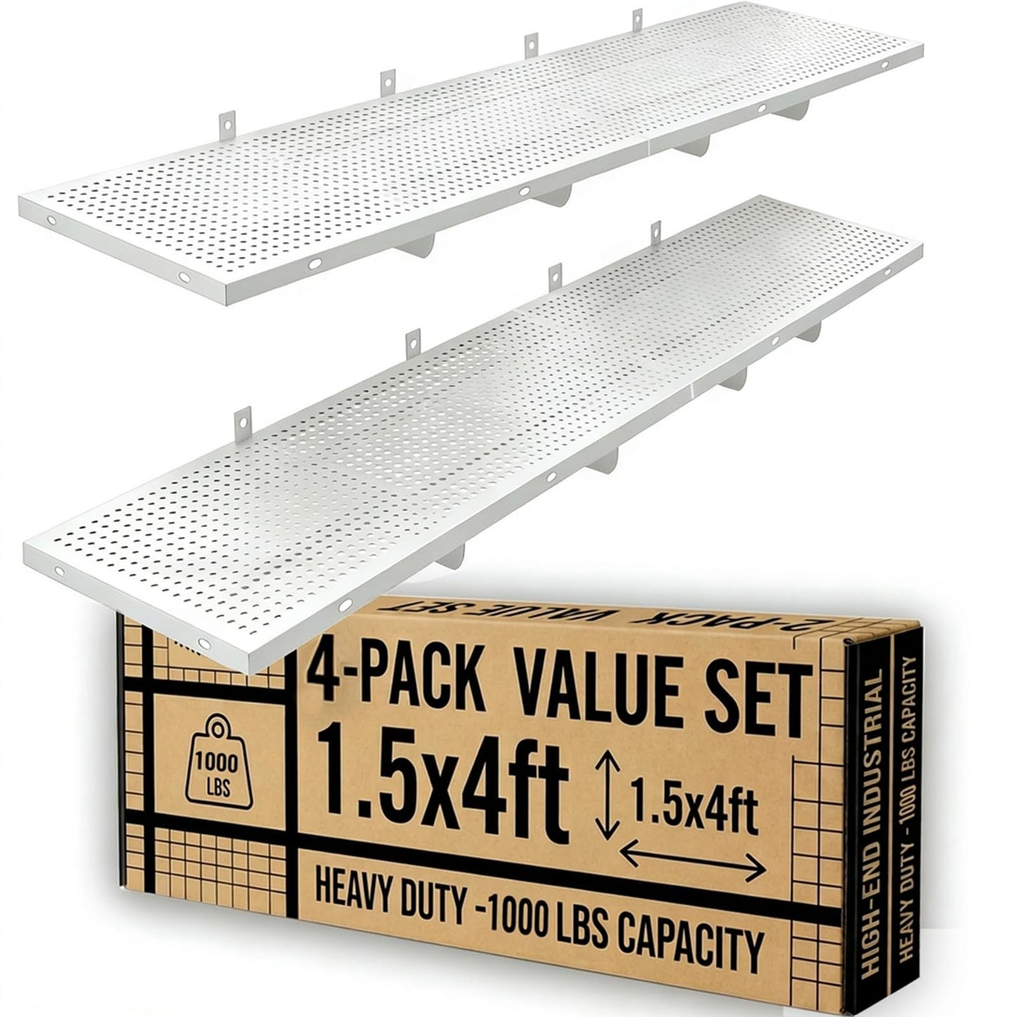 ZONEGRACE 4-Pack 1.5x4ft Garage Storage Wall Shelves, 1000 Lbs Heavy Duty Wall Mounted Shelves, Flat Rack Garage Floating Shelves With Complete Install Kit, White
