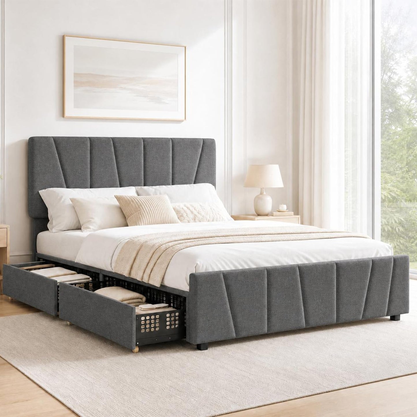 King Size Bed Frame with Upholstered Headboard & 4 Storage Drawers with Wheels, Platform Bed Frame with Wooden Slat Support, Adjustable Headboard, No Box Spring Needed, Noise-Free, for Bedroom