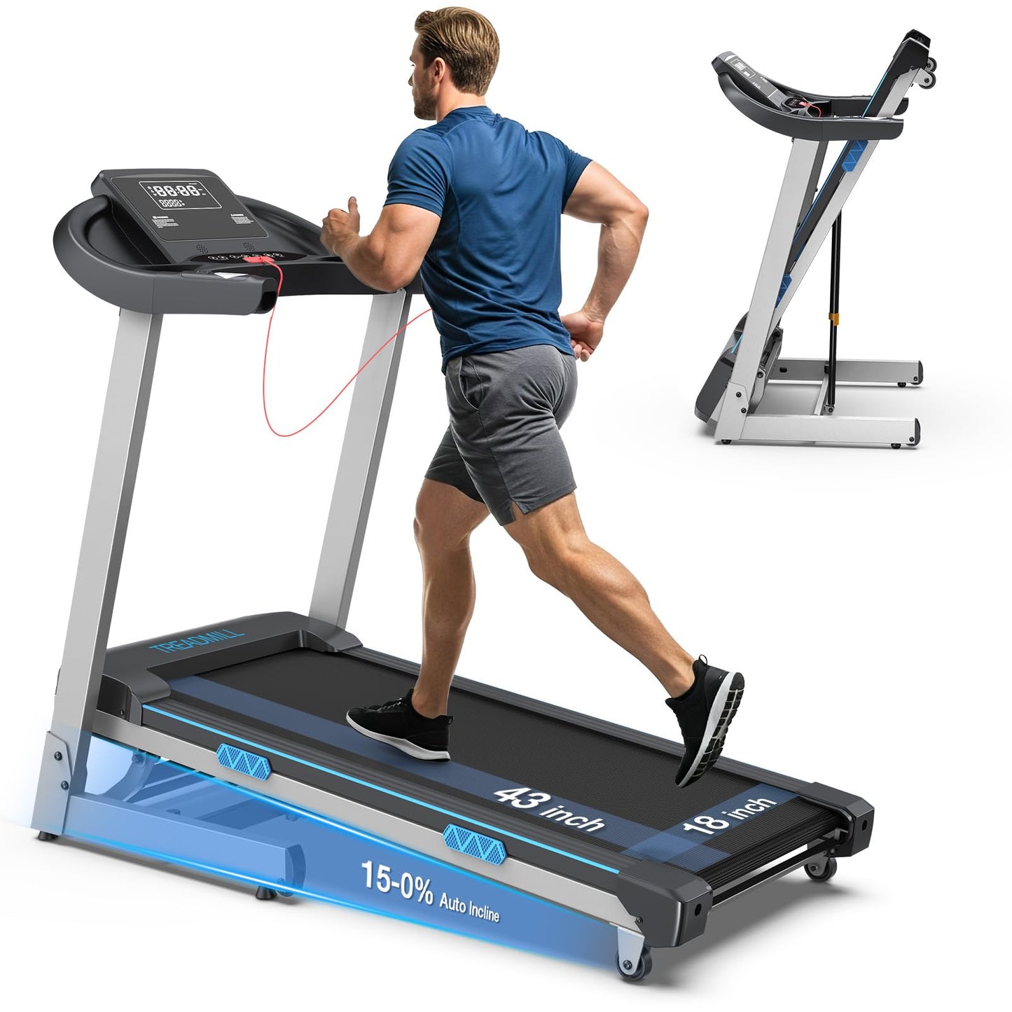 WELLFIT Treadmill with 15% Auto Incline, 400LBS Capacity, Foldable Treadmills with Handlebar, Heart Rate Sensor, LED Display, App Control, 4.0HP Heavy Duty Treadmill for Home, Seniors, Adults, Teens