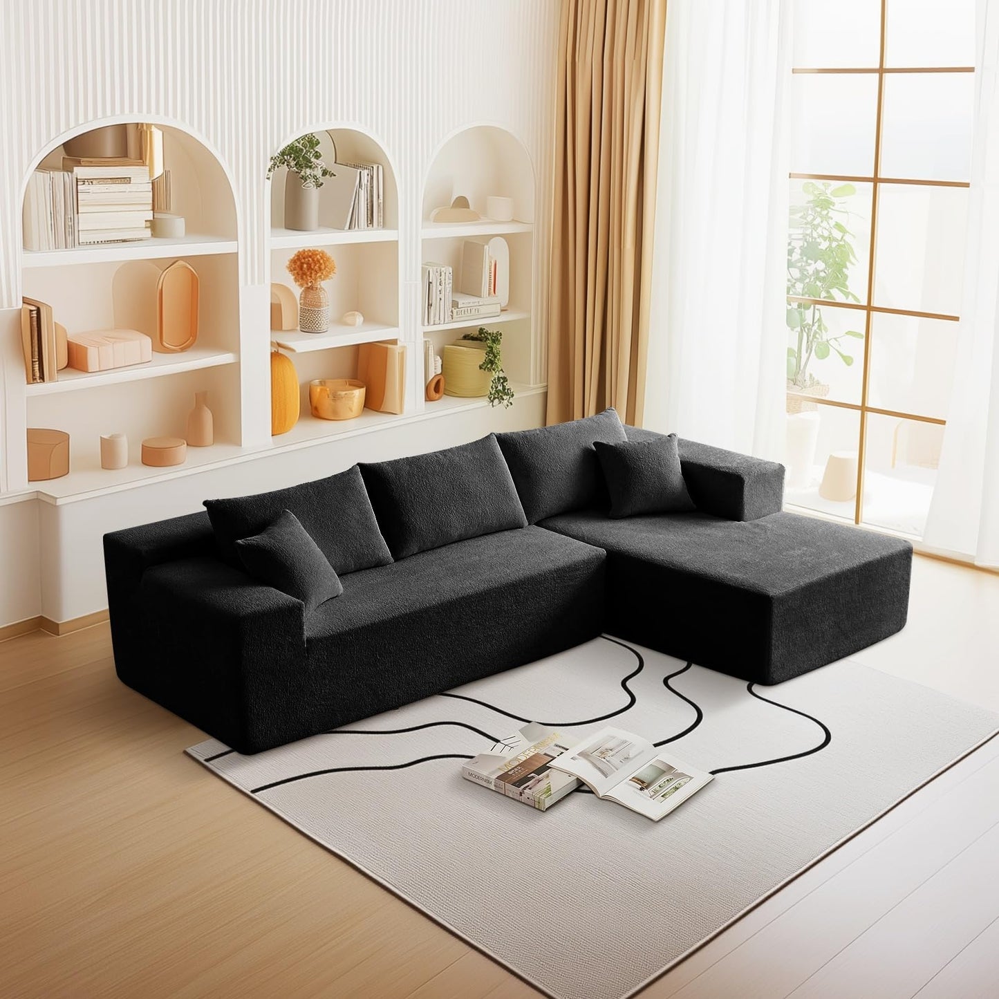 Trygoal 103” L Shaped Cloud Sectional Boneless Couches for Living Room, Modern Modular Sofa Couch with Chaise, Comfy Deep Seat Living Room Furniture Set, No Assembly, Black