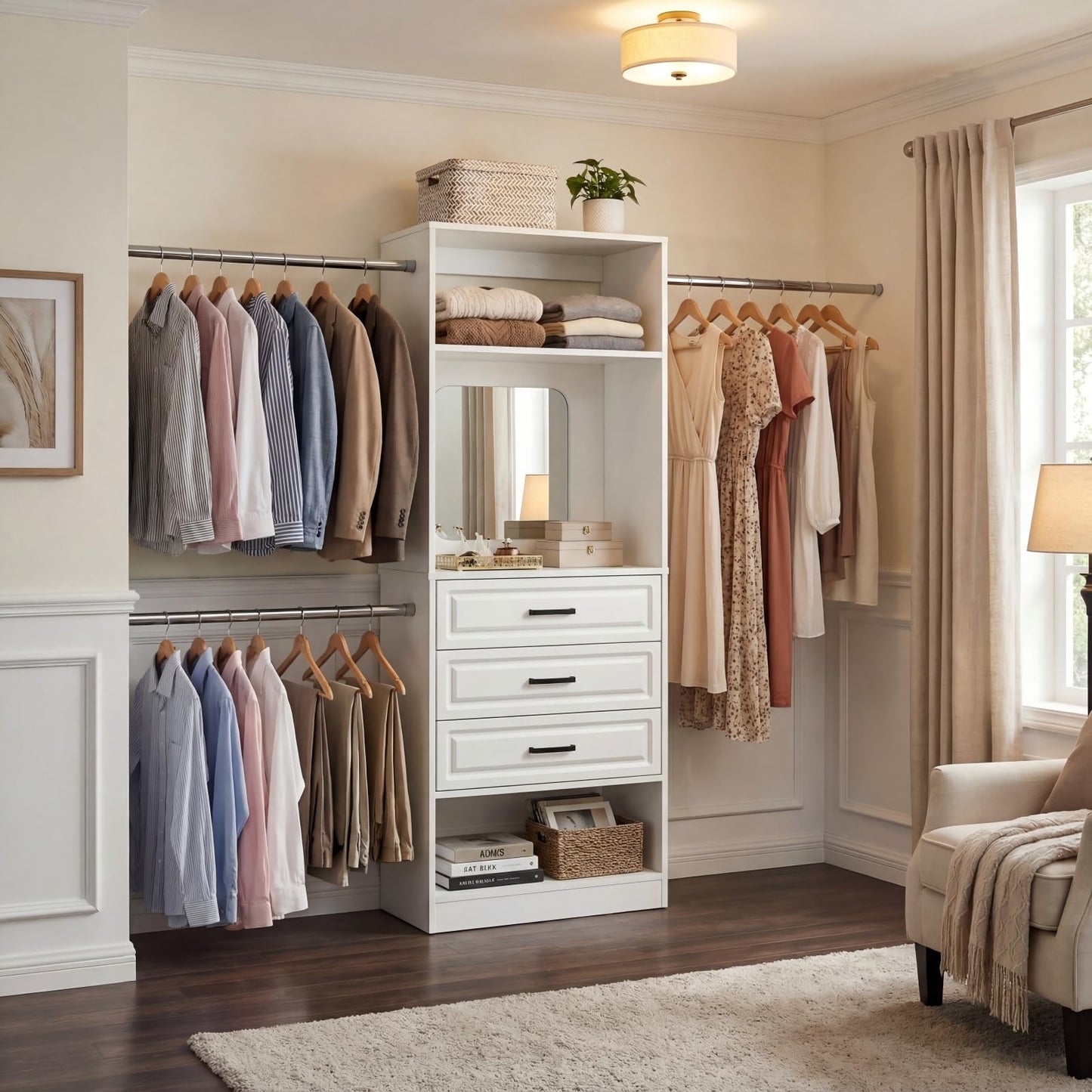 Unikito 48" W - 96” W Closet System with Mirror, 8FT Walk in Closet Organizer Kits with Drawers and 3 Extendable Hanging Rod, Sturdy Wood Clothing Garment Rack with 25” Tower, Max Load 1000 LBS, White