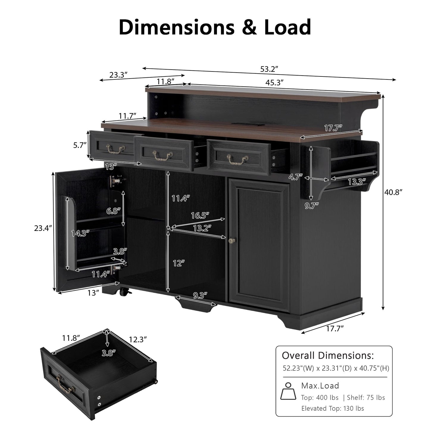 Merax 53.2" Two-Tier Kitchen Island with Storage, Farmhouse Kitchen Island with Power Outlet, 4 Door Shelves, Adjustable Shelves, 3 Drawers, Rolling Island Table, Bar Cabinet for Kitchen, Ash Black