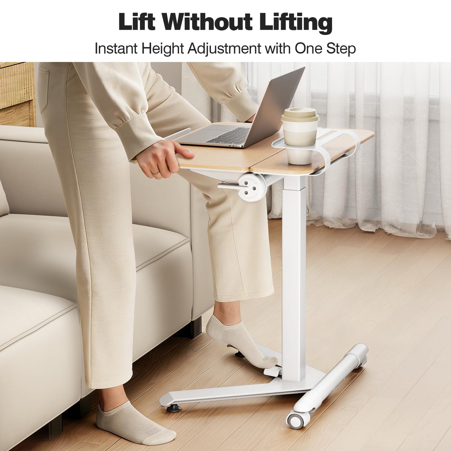 ROMOON Rolling Standing Desk with Wheels, Portable 24 inch Sit-Stand Laptop Cart with Tilt Top and Storage, Mobile Compact Workstation for Home Office and Small Spaces (Natural Oak)