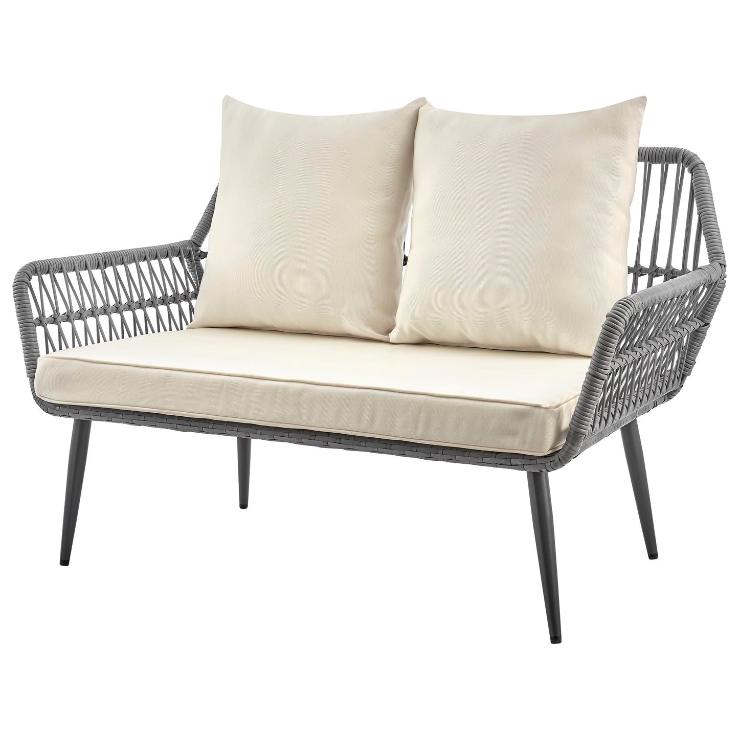 Manhattan Comfort Portofino 4-Piece Patio Conversation Set, Rope Wicker Design with Waterproof Cushions | Outdoor Furniture Includes 2 Armchairs, Loveseat & Coffee Table with Tempered Glass Top, Cream