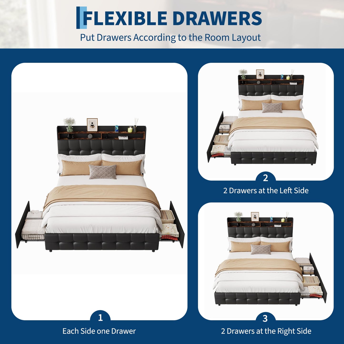 Full Size Upholstered Bed Frame with LED Headboard, 2 Storage Drawers, Charging Socket and USB Port, Soft Fuzzy Soft, Noise-Free Metal Platform for Bedroom, No Box Spring Needed, Natural Wood Shelf