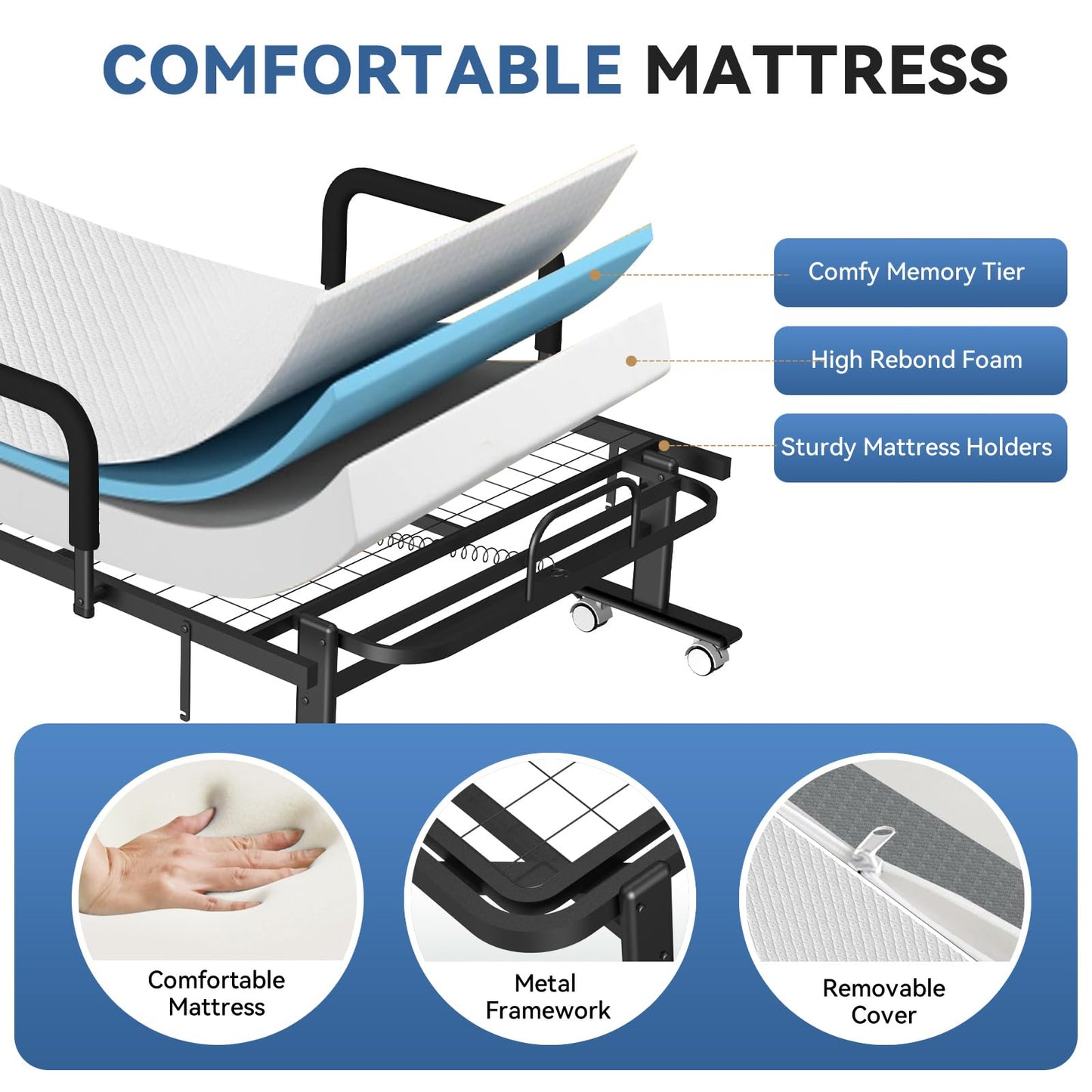 OSTYRA Folding Guest Bed with Mattress and 6 Position Adjustable Backrest for Adults, Metal Folding Trundle Bed, Office Nap, Lunch Break, Comes with Folding Bed for Convenient Storage