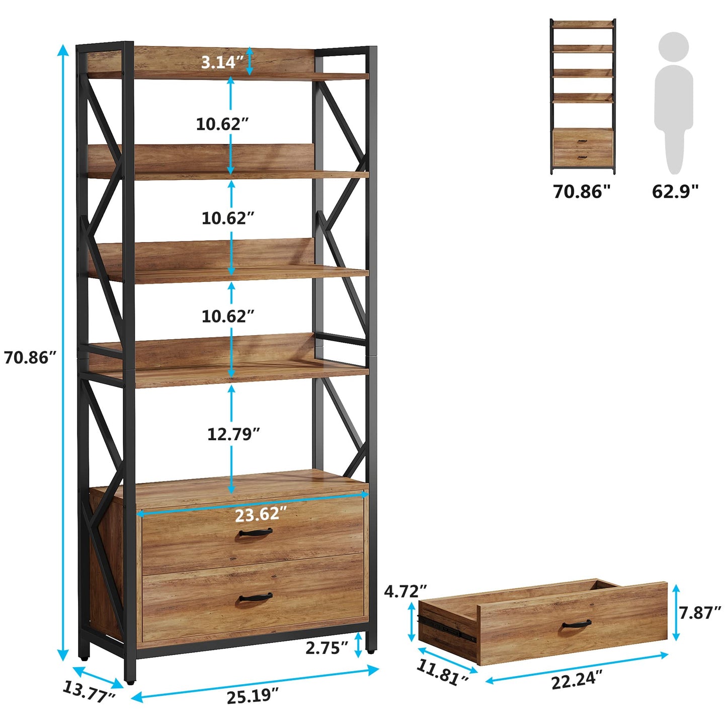 Tribesigns Bookshelf with Drawers, 70.8" Industrial Bookcase with 2 Drawers, 5 Shelf Open Shelf for Storage, Wood Book Shelf for Living Room, Bedroom, Home, Office (1, Rustic Brown)