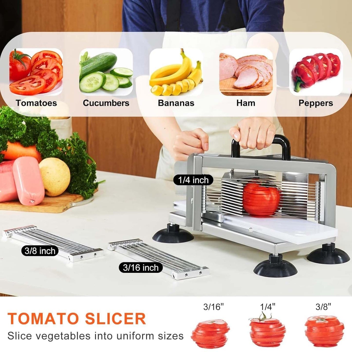 Manual Vegetable Fruit Slicer, Commercial Tomato Cutter with Stainless Steel Blades, 4 Suction Cups, Heavy Duty Kitchen Machine for Onion, Potato, Cucumber, Lemon and More(3/16in-4.7mm)