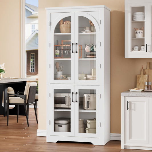 Garvee 70" Tall Kitchen Pantry Cabinet - Modern Display Cabinet with 4 Arched Glass Doors and Adjustable Shelves, Versatile Cupboard Organizers for Kitchen, Dining Room, Living Room, Bathroom, White