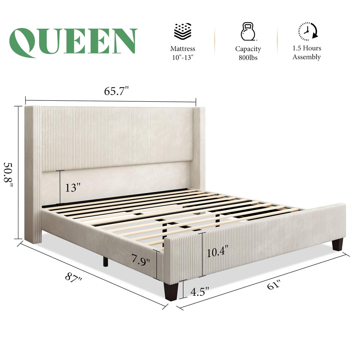 AMERLIFE Queen Size Upholstered Bed Frame with 50.8" Tall Headboard, Wingback Platform Bed with Solid Wood Legs, Wooden Slats, Corduroy/No Box Spring Needed/Noise Free/Cream