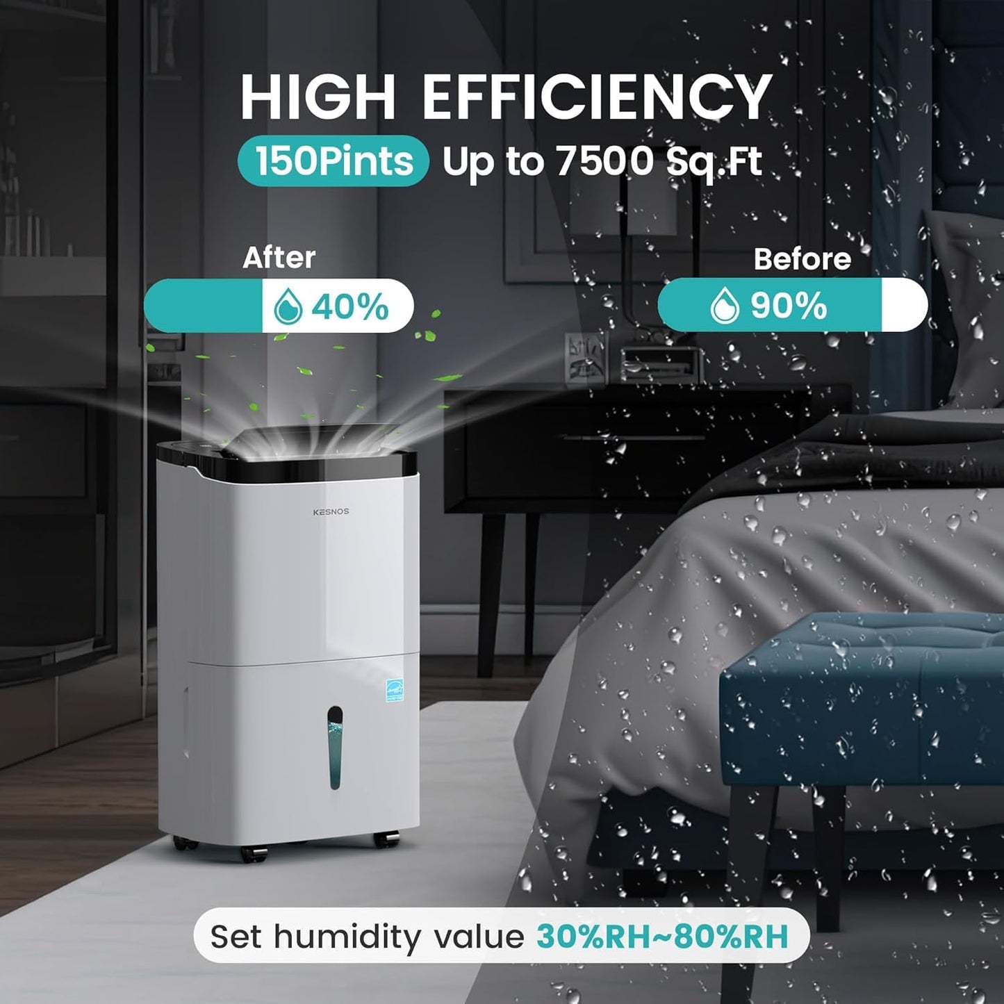 Kesnos 150 Pints 2025 Energy Star Dehumidifier with Pump for Space up to 7,500 Sq. Ft., 1.85 Gal Water Tank with Drain Hose, Idear for Commercial and Industrial Large Room, Basement, Home, Warehouse