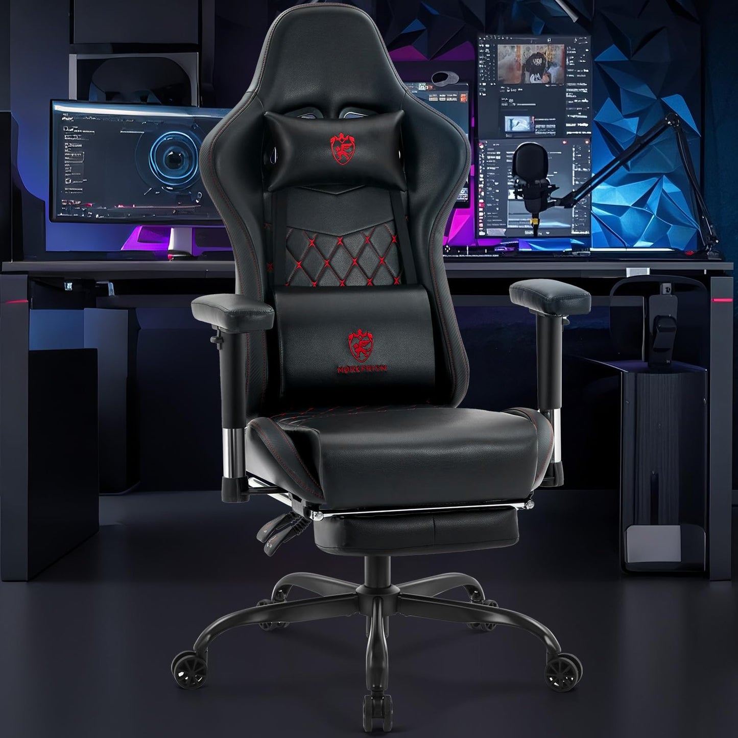 Morkprism Gaming Chair,Computer Office Chair with Footrest,Massage Lumbar Support and Gel Pad,Ergonomic Reclining Leather Gamer Chair with Headrest,Adjustable Armrests and Spring Cushion Black Red