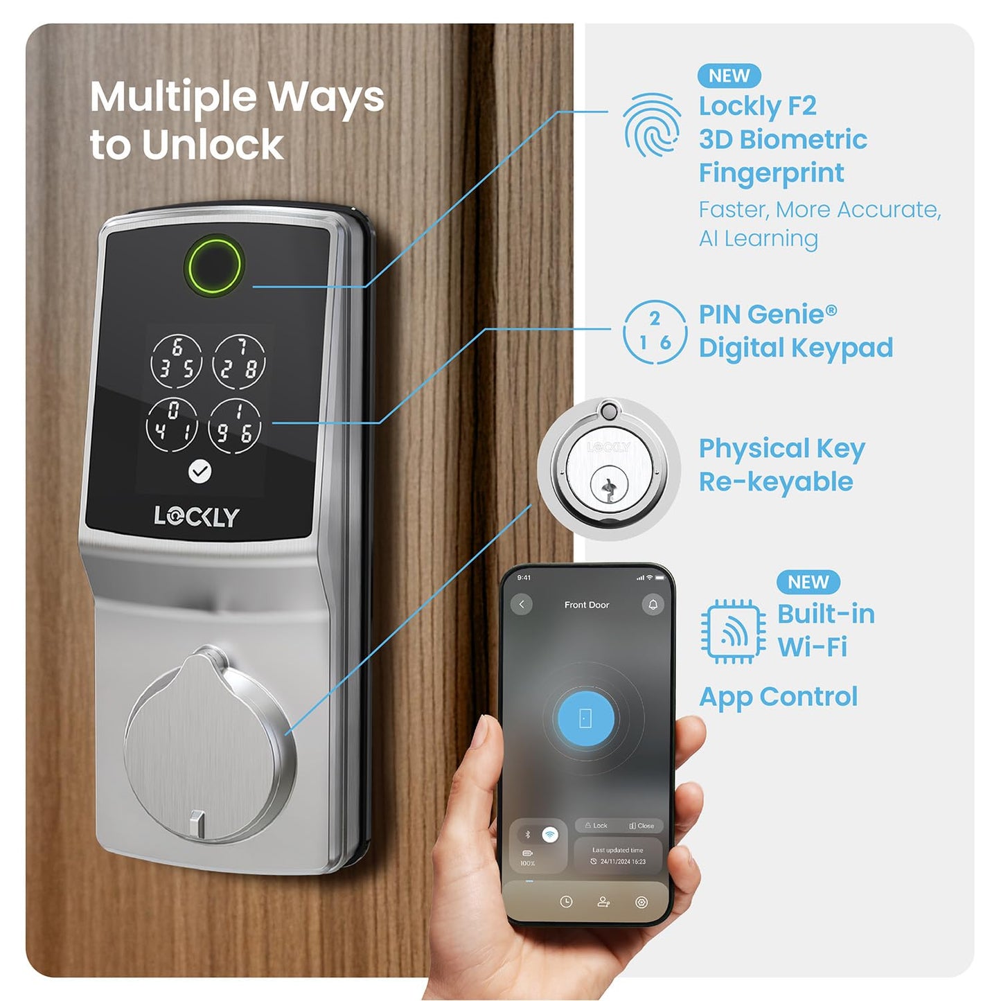 Lockly Secure Pro Smart Lock, 0.2s AI Fingerprint Door Lock, Patented PIN Genie Keypad, Keyless Entry Deadbolt for Front Door, Zinc Alloy, IP65 Waterproof, 2 Backup Keys Included