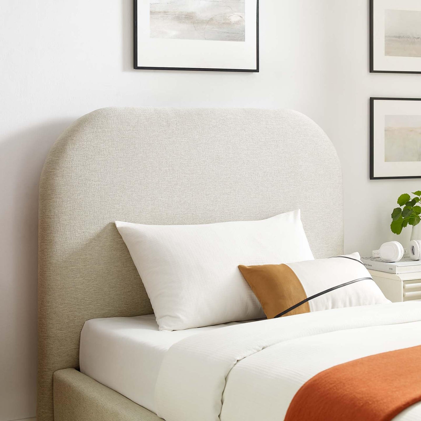 Modway Keynote Modern Bed Frame, Twin Size with Curve Shaped Headboard in Heathered Weave Ivory, Woven Heathered Fabric Upholstery, Twin Size Platform Bed, Soft Cloud Bed Frame, No Box Spring Needed