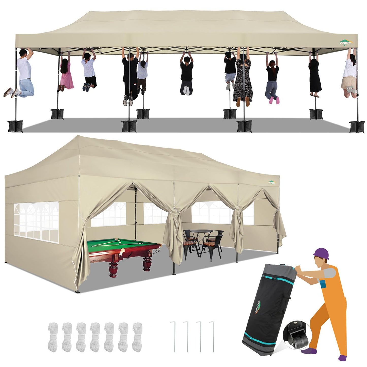 COBIZI 10x30 Pop up Canopy with 8 Removeable Sidewalls, Heavy Duty Party Tents for Parties, Events and Weddings, UPF 50+ Waterproof Commercial Tent with Roller Bag, Khaki (Windproof Upgraded)