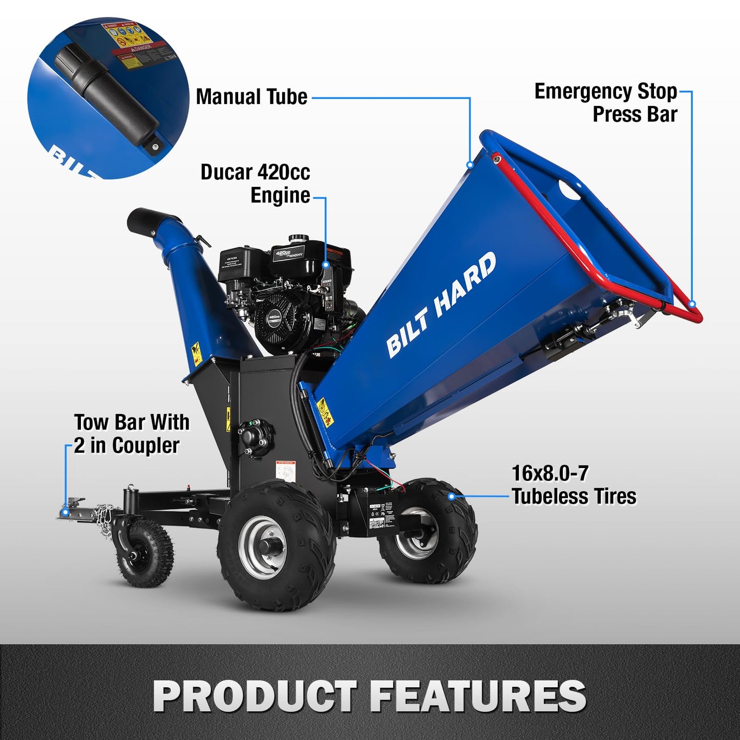 BILT HARD 6 Inch 420cc 15HP E-Start Gas Powered Drum Wood Chipper, 4-Wheels Towable Leaf Branch Shredder Mulcher with Tow Bar, Emergency Stop Bar