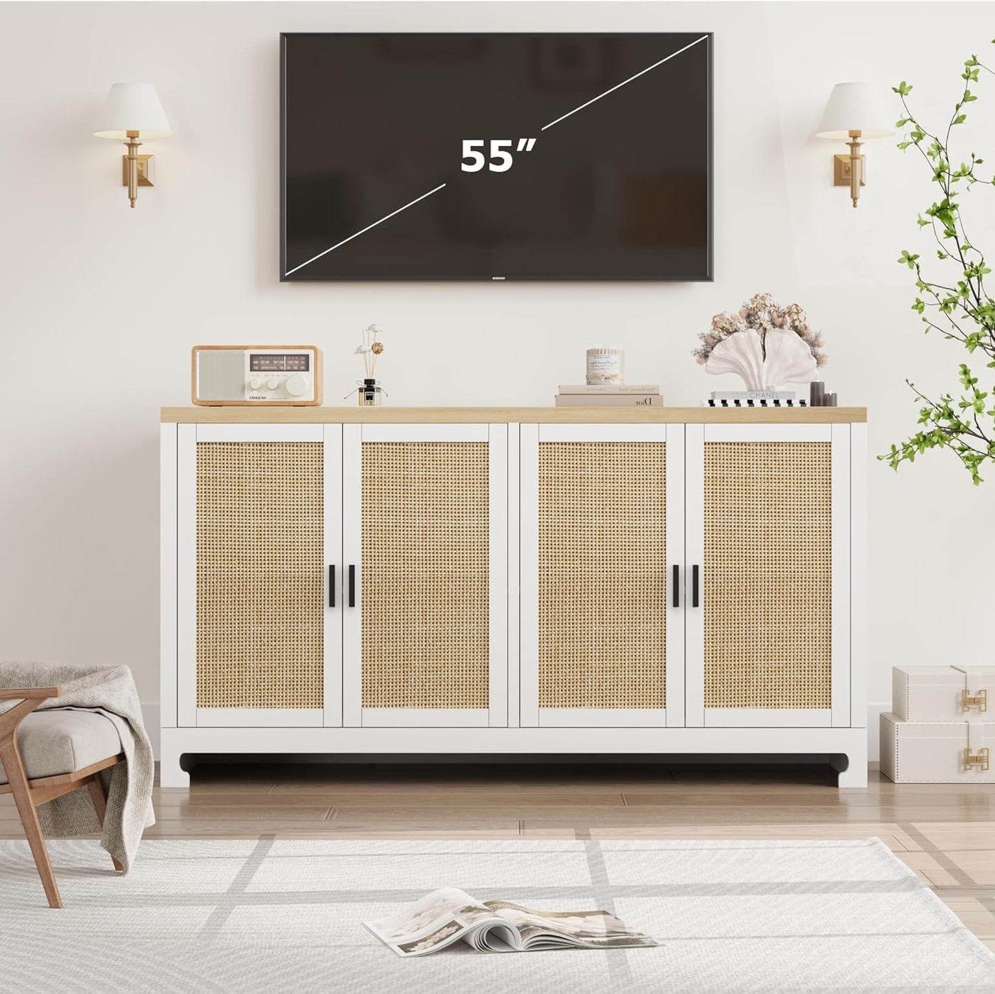 GarveeHome 60 in Farmhouse Rattan Buffet Cabinet - 4-Door Woven Storage Sideboard with Adjustable Shelves, Kitchen Console Table for Dining Room & Living Room Entryway (White & Brown)