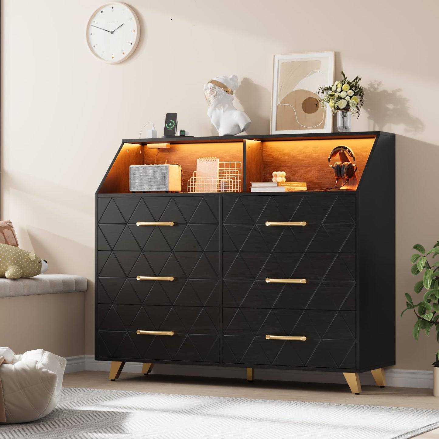 Garvee Modern Black 6 Drawer Dresser with LED Lights & Charging Station – Wide Wooden Entryway Storage Cabinet – Sturdy Metal Legs – TV Stand with Storage Shelf for Bedroom, Hallway – Black