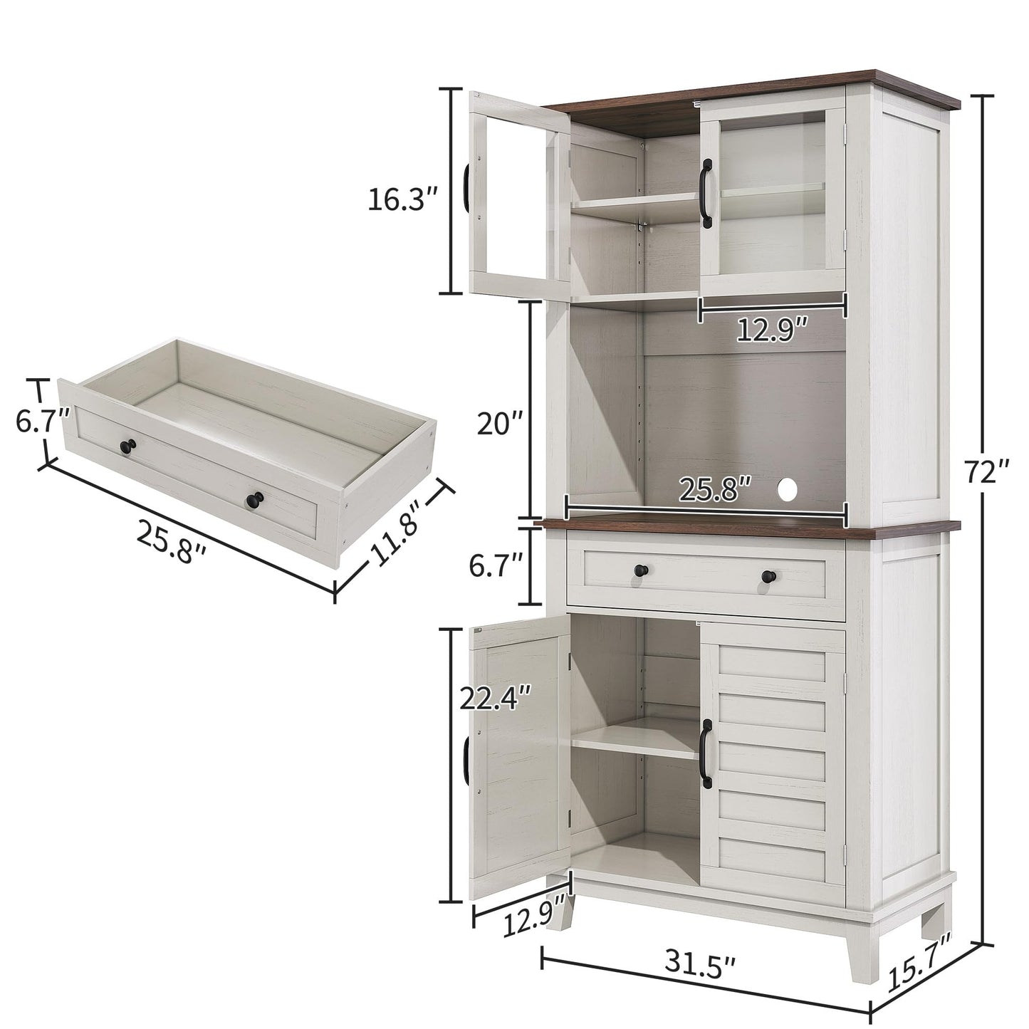 GarveeHome 72" Kitchen Pantry Storage Cabinet, Kitchen Hutch Cabinet with Storage, Microwave Stand with Drawers & Glass Doors, Pantry cabinets for Kitchen, Dining Room, Living Room, Light White