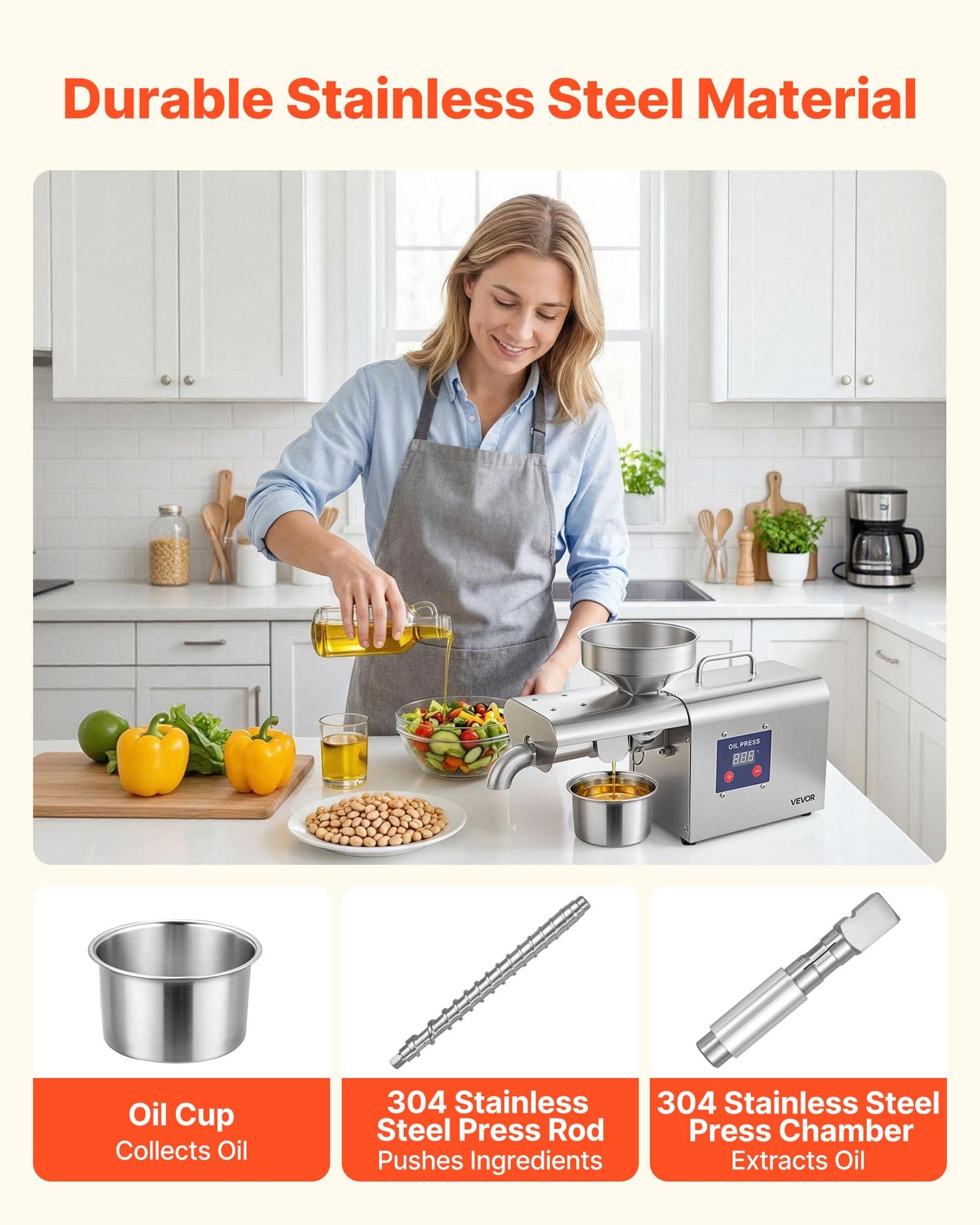VEVOR Oil Press Machine, 8.27 LBS/H Capacity, Oil Extractor Machine, Automatic Electric Oil Maker for Home Commercial Use, 122℉–572℉ Hot Pressing for Peanuts Sesames Soybeans Almonds