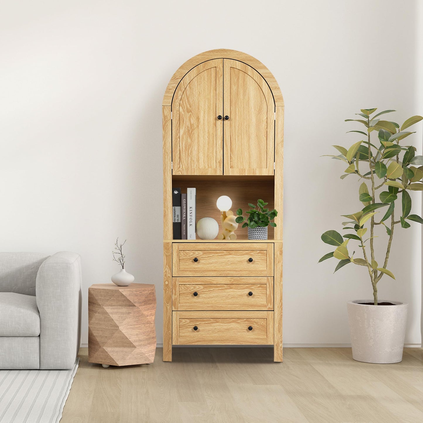 Bifins 71” Tall Arched Storage Cabinet with Drawer,Farmhouse Arched Bookcase with Door,Freestanding Arch Tall Pantry with Countertop for Kitchen Living Room (Natrual, 71inch)
