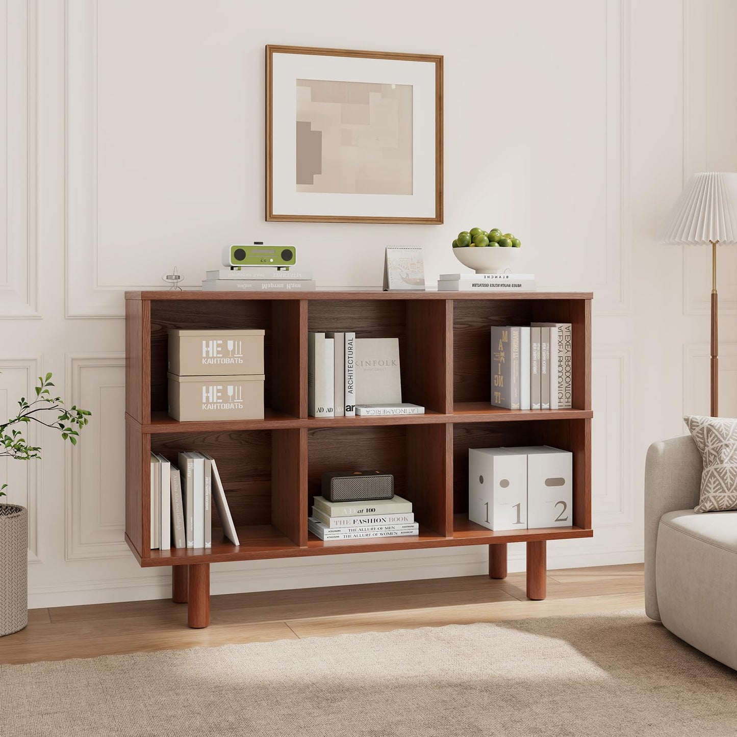 Solid Wood 6 Cube Storage Organizer, Horizontal Bookshelf with Storage, 2 Shelf Bookcase, 6 Cube Shelf, TV Stand Bookshelf, Small Book Shelf for Kids Rooms, Bedroom, Living Room, Offices (47.2 Wide)