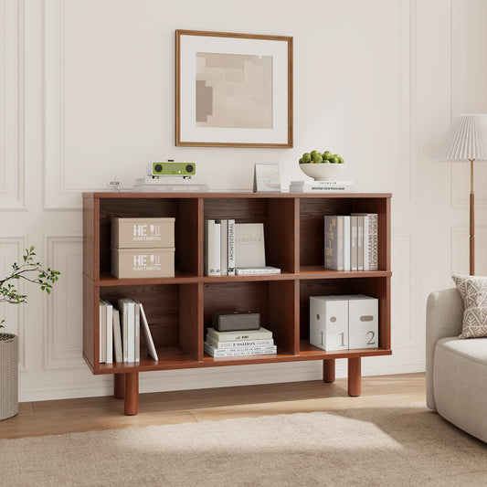 Solid Wood 6 Cube Storage Organizer, Horizontal Bookshelf with Storage, 2 Shelf Bookcase, 6 Cube Shelf, TV Stand Bookshelf, Small Book Shelf for Kids Rooms, Bedroom, Living Room, Offices (47.2 Wide)