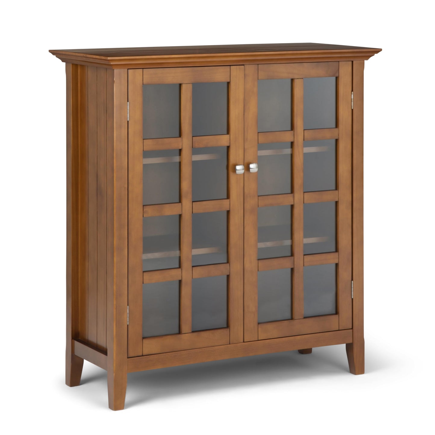 SIMPLIHOME Acadian Storage Cabinet - 39 inch Wide Solid Wood 4-Shelf Display Cabinet in Light Golden Brown, Transitional Cupboard for Living Room or Dining Room with Glass Doors and Adjustable Shelves