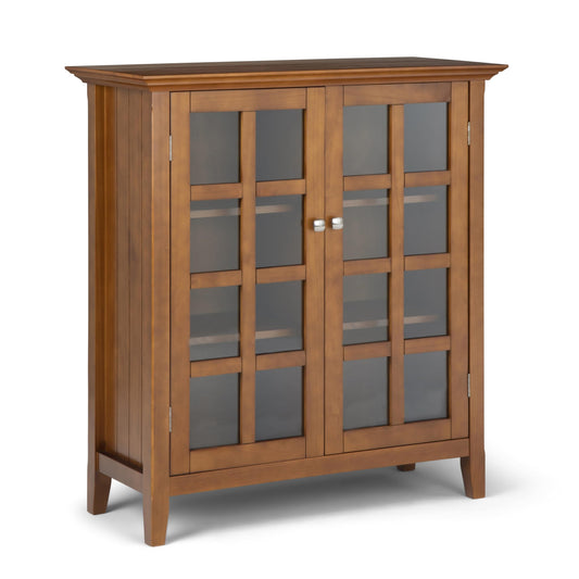 SIMPLIHOME Acadian Storage Cabinet - 39 inch Wide Solid Wood 4-Shelf Display Cabinet in Light Golden Brown, Transitional Cupboard for Living Room or Dining Room with Glass Doors and Adjustable Shelves