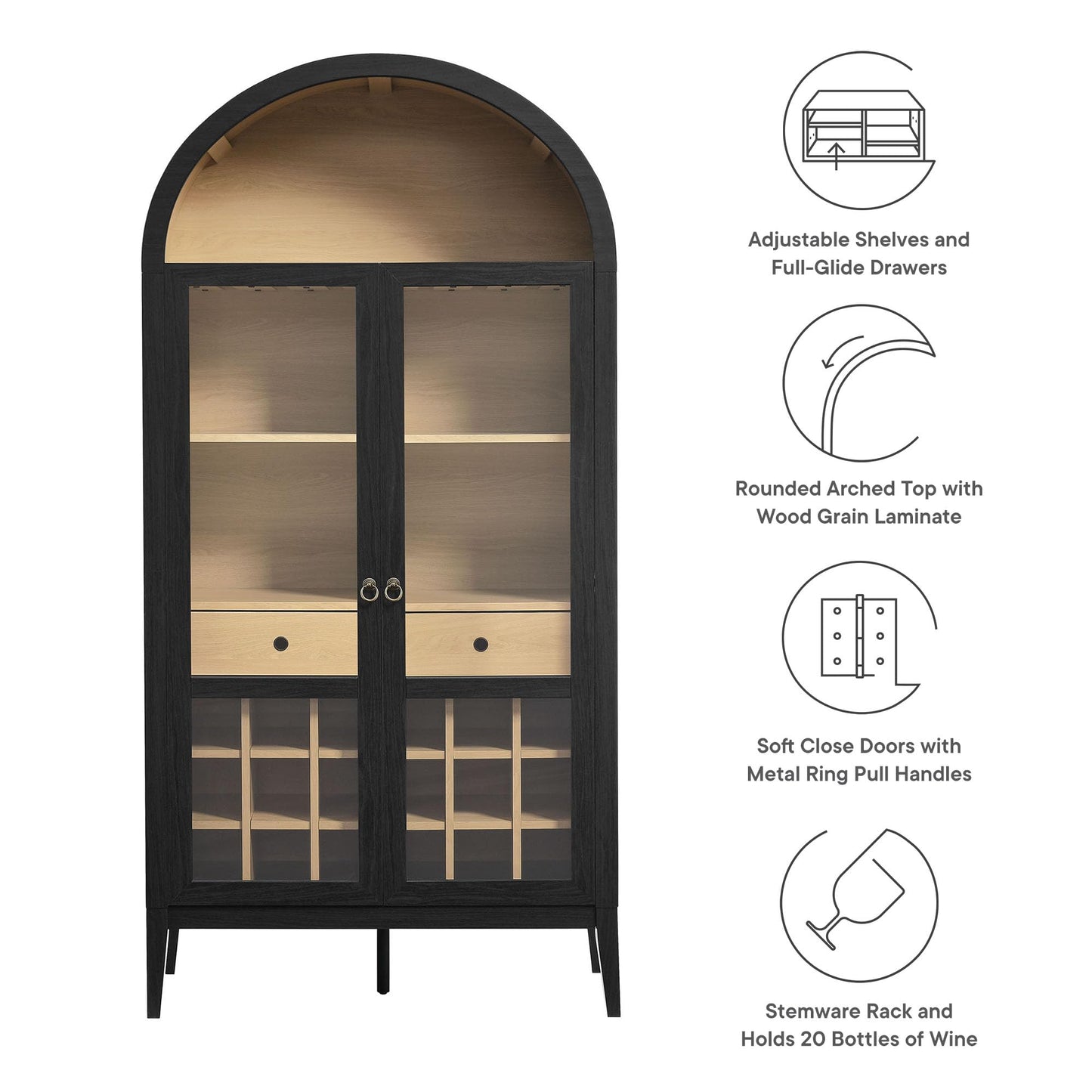 Modway Nolan Modern Farmhouse Arched Bar Cabinet in Black Wood Grain - 72 Inch Tall Wine Storage Cabinet with Glass Doors and Wine Rack - Large Liquor Cabinet for Dining or Living Room