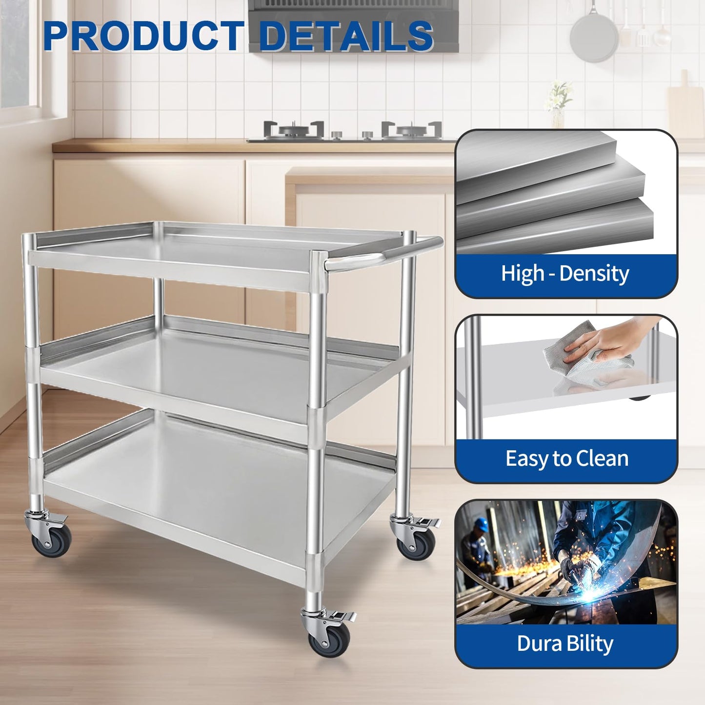 Hutioai 3-Shelf Stainless Steel Rolling Utility Cart - Heavy-Duty Metal Mobile Storage with Handle & Locking Wheels - Ideal for Kitchen, Medical, Lab, Restaurant & Home Use (16''x24''x34'')