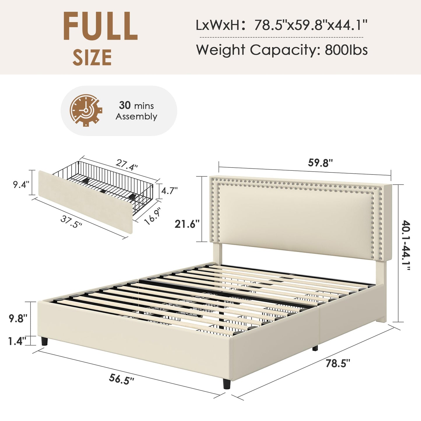 VECELO Full Size Upholstered Bed Frame with 4 Storage Drawers, Adjustable Velvet Rivet Decor Headboard, Wooden Slats Platform Support, No Box Spring Needed, Easy Assembly,Beige