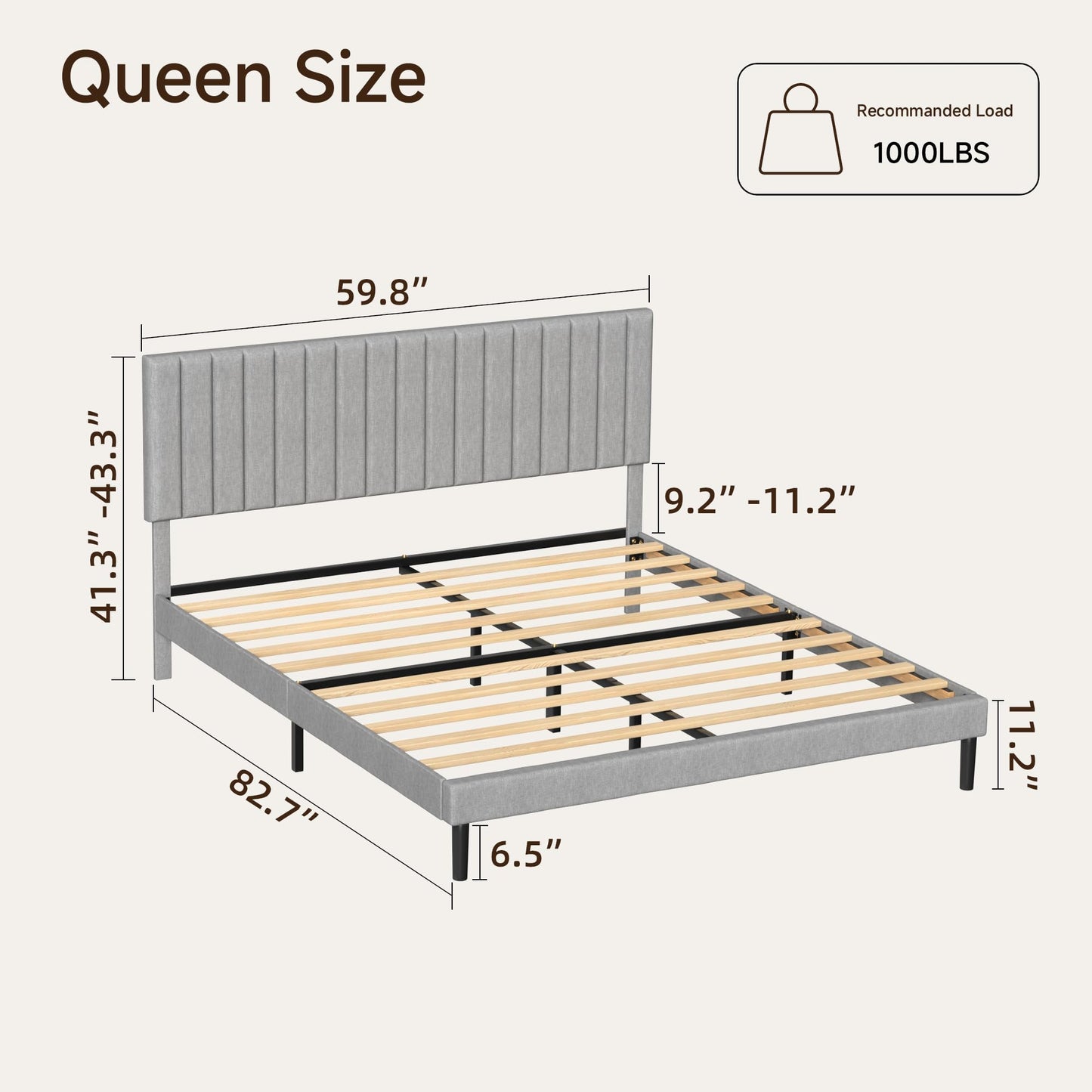Mxhtcewz Queen Size Platform Bed Frame with Vertical Channel Tufted Headboard, No Box Spring Needed, Noise-Free, Easy Assembly, Light Grey Linen