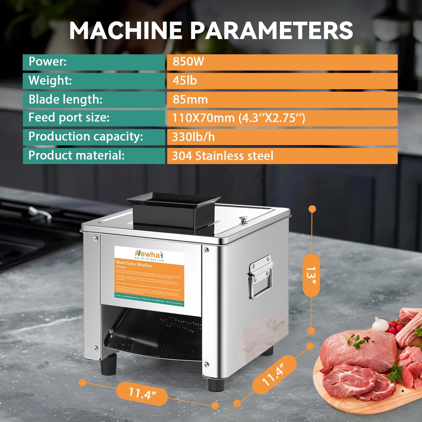 Newhai 850W Meat Cutter Cutting Machine 15mm Electric Meat Slicer Shredded Machine Stainless Steel 330lb/h for Boneless Pork Chicken Fish for Family Commercial Use (Meat thickness: 15mm/0.6inch)