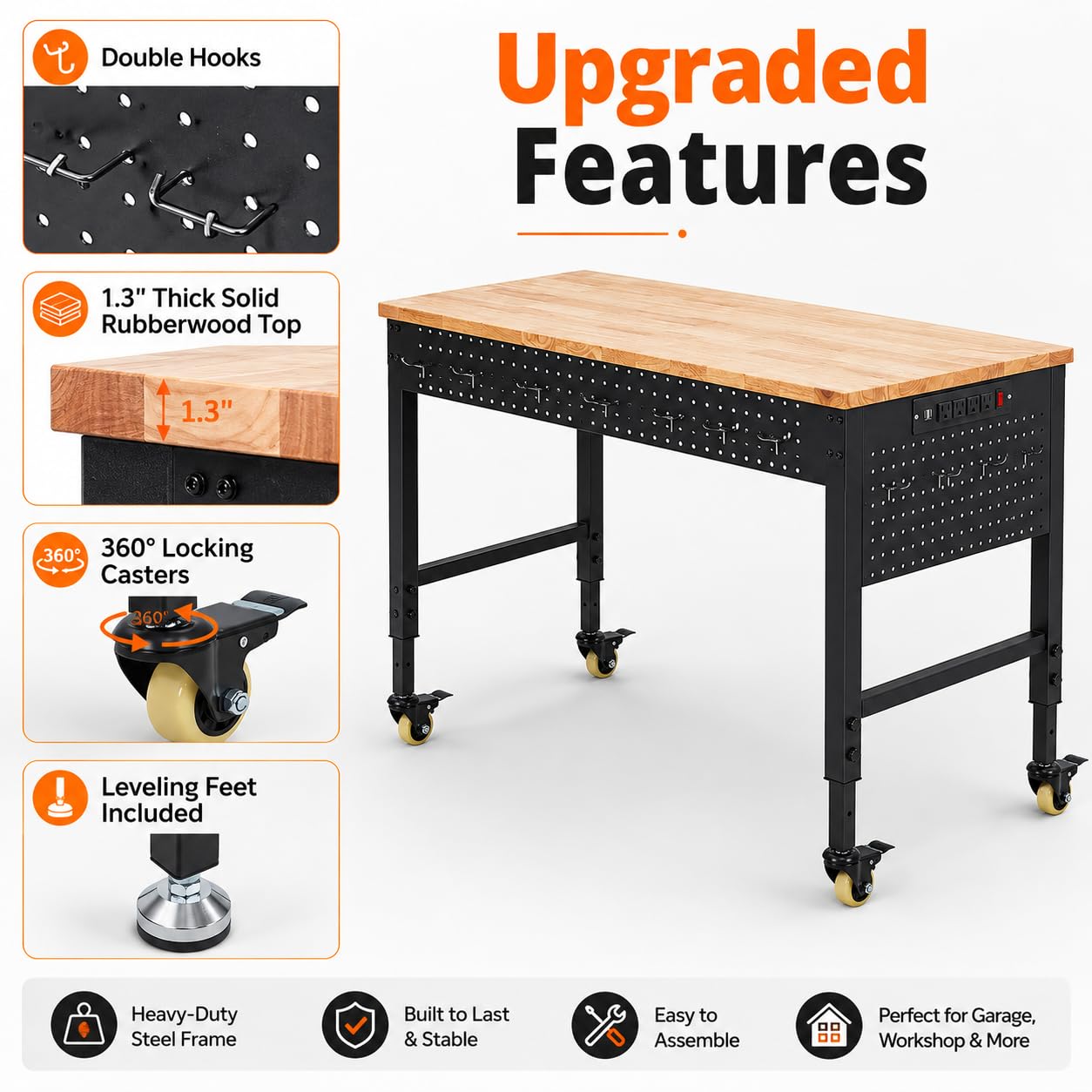 60"x22"x1.2" Heavy Duty Adjustable Workbench with Rubber Wood Top, 9 ft Power Strip, 2000 LBS Load Capacity, Lockable Wheels, ETL Certified, Black Garage & Office Table