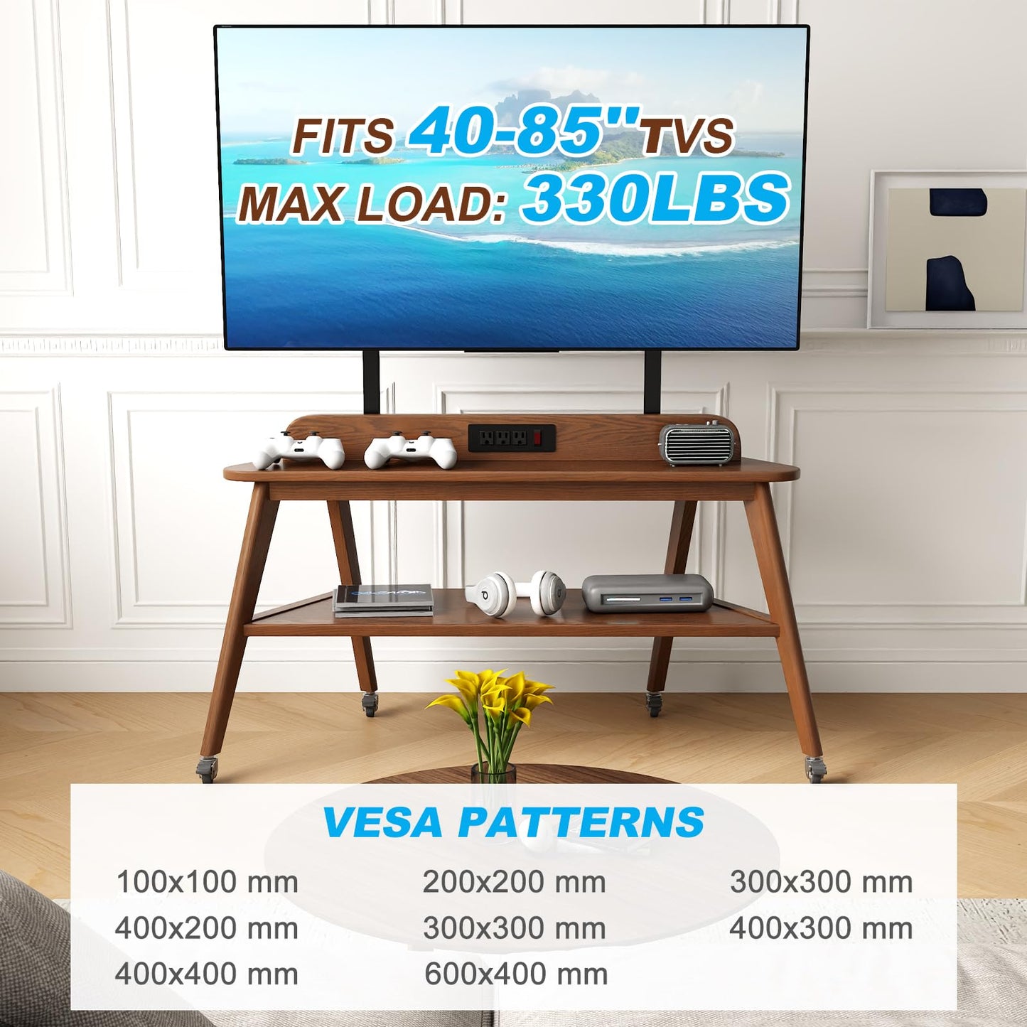 Solid Wood Rolling TV Stand with Power Outlet,Corner Entertainment Center for 40-85 Inch,TV Cart with Storage Shelves,Television Stands with Adjustable Height,Mobile TV Stand for Bedroom,Living Room