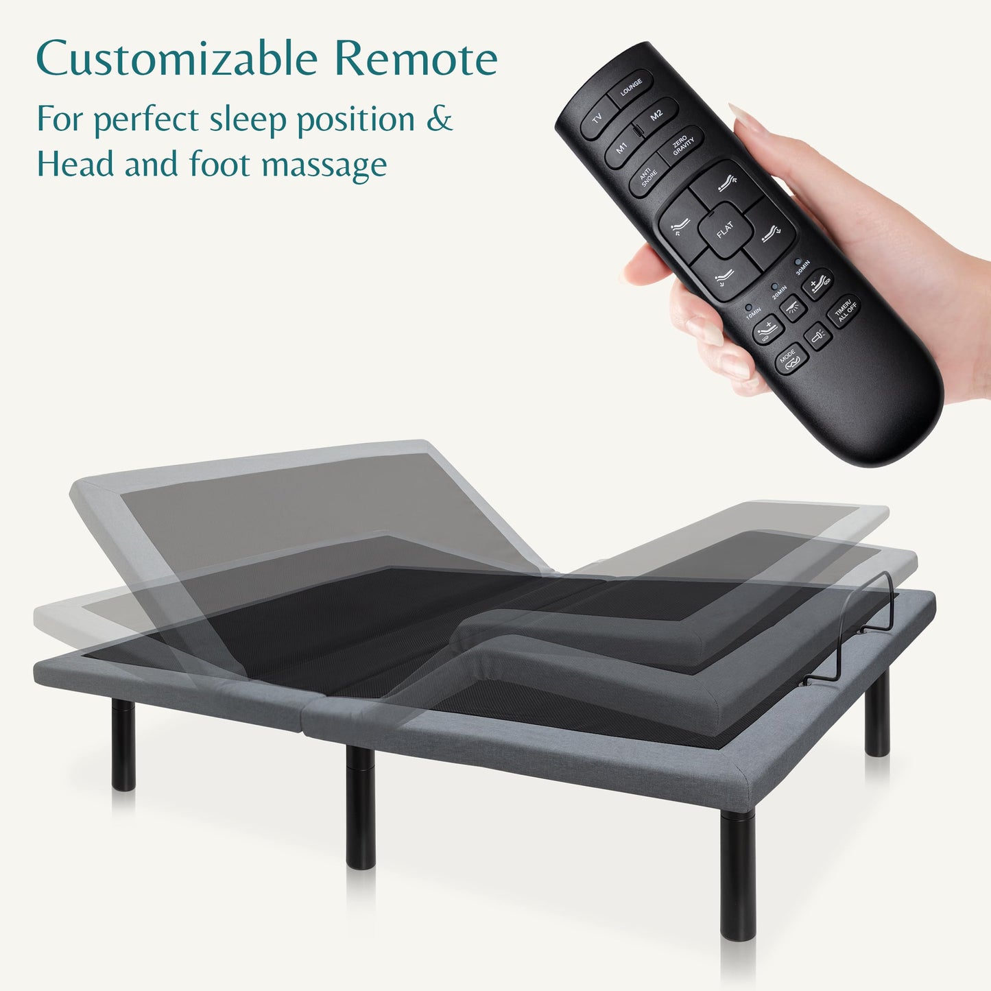 Hedva Queen Adjustable Bed Frame, Head & Foot Incline, Zero Gravity, Massage, Anti-Snore, 4 USB Ports, LED Under-Bed Light, Easy 5 Min Assembly, Wireless Remote (Black)