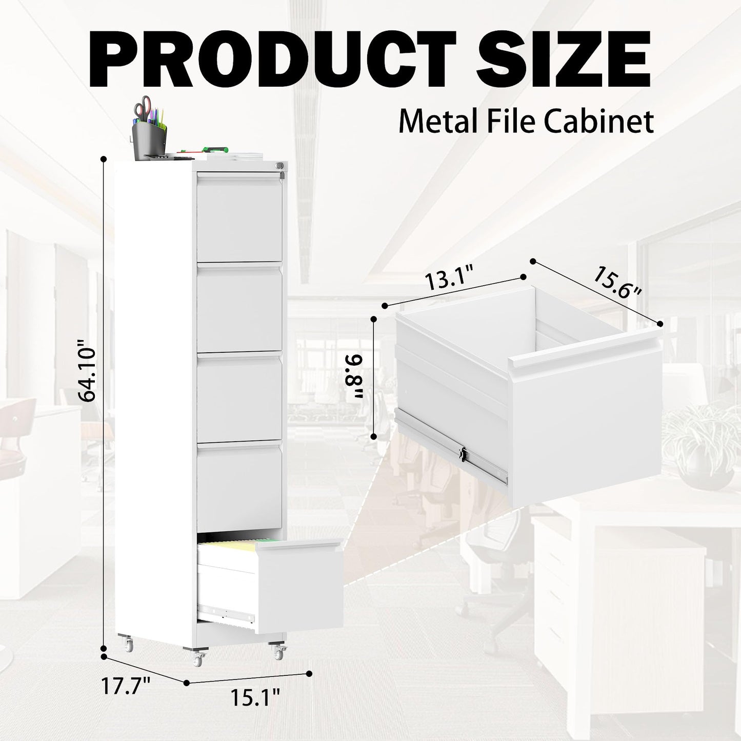 FOSTOKO 5 Drawers Filing Cabient with Wheel, File Cabinet with Lock, Steel Vertical Filing Storage Cabinet for Office, Heavy-Duty File Cabinets for Letters/Legal/A4 (Require Assembly, White)