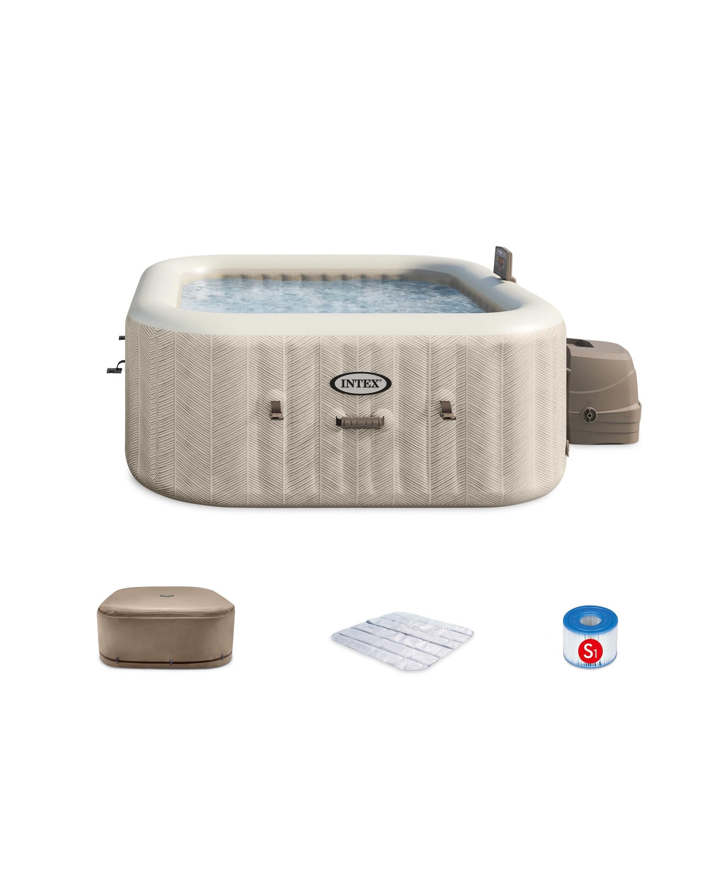 INTEX 28445EP PureSpa Chevron Deluxe Outdoor Inflatable Portable Hot Tub, Includes Energy Efficient Spa Cover, Spa Control App, FastFill Inflation System, 4 Person Capacity, 69" x 69" x 28"
