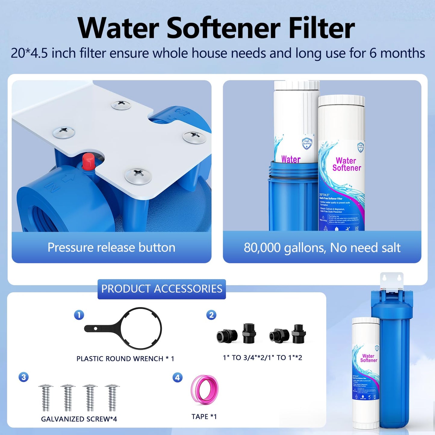 Whole House Salt Free Water Softener, Salt-Free Water Filter System, Salt-Free Water Softener Alternative, Prevent Water Scale Buildup, Without Salt and No Waste Water, 1" FNPT - Protect Appliances